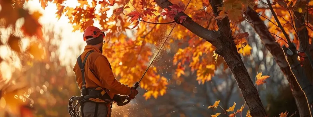 a serene autumn morning with a vibrant orange tree being expertly trimmed by a  professional arborist.