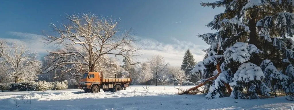 a tree removal truck parked in a serene winter landscape with snow-covered branches and a clear blue sky above.