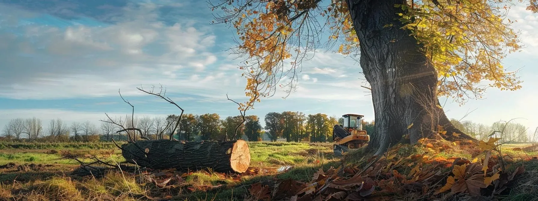 a towering tree being expertly felled in a serene autumn landscape, showcasing the affordable tree removal option during the cost-saving season.