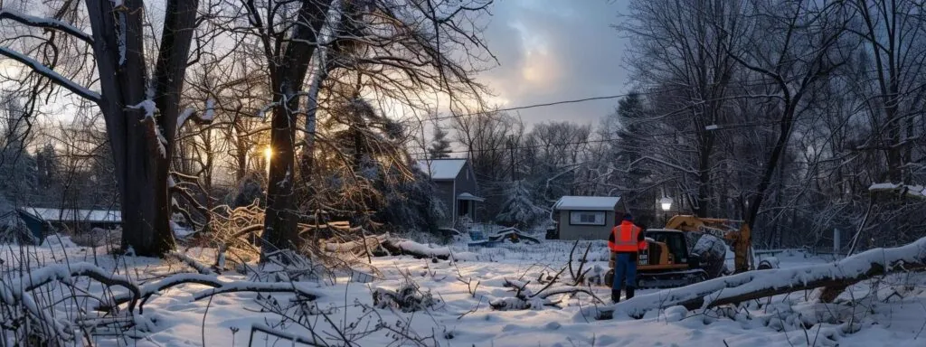 a serene winter landscape with a skilled tree removal crew efficiently cutting down a dormant tree, providing a cost-effective service during the off-peak season.