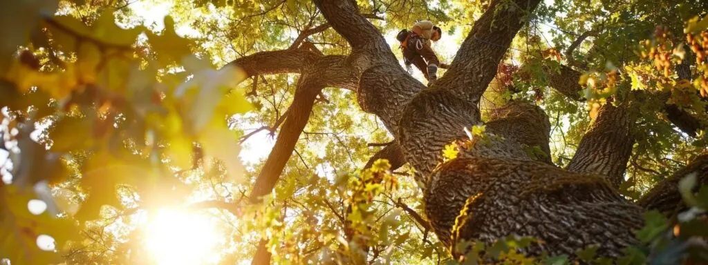 a towering oak tree being felled by a skilled arborist during the crisp, golden light of autumn, saving money on tree removal costs.