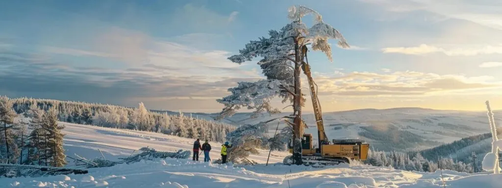 a snow-covered landscape with a solitary tree being removed by a team of workers, highlighting the cost-saving benefits of winter tree removal.