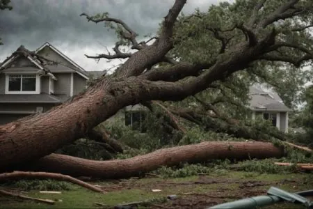 a dramatic scene of a large, uprooted tree lying across a suburban yard, surrounded by scattered debris, with stormy skies overhead, emphasizing the urgency and confusion of fallen tree removal responsibilities.